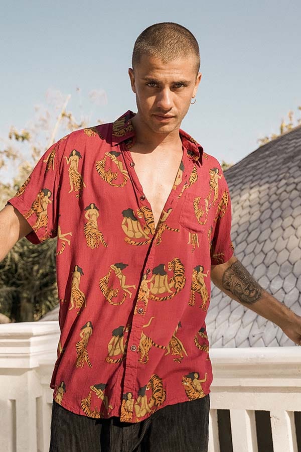 Red hawaiian shirt outfit cheap
